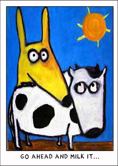  Stinky Dog greeting card riding a cow in sun